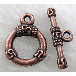 Tibetan Silver Toggle Clasps, Antique Red, 13mm dia, stick:21mm length