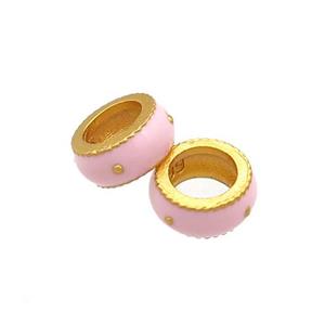 Copper Rondelle Beads Pink Cloisonne Large Hole 18K Gold Plated, approx 8mm, 5mm hole