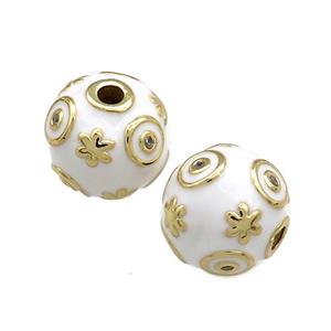 Copper Round Beads Pave Zircon White Enamel 18K Gold Plated, approx 14mm