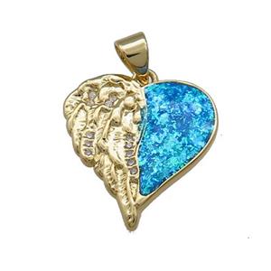 Copper Heart Pendant Pave Fire Opal Zircon Angel Wings 18K Gold, approx 18-20mm