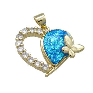 Copper Heart Pendant Pave Fire Opal Zircon Butterfly 18K Gold, approx 20mm