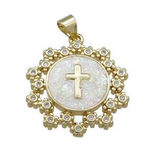 Copper Circle Pendant Pave Fire Opal Zircon Cross 18K Gold, approx 24mm