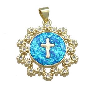 Copper Circle Pendant Pave Fire Opal Zircon Cross 18K Gold, approx 24mm