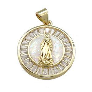 Copper Circle Pendant Pave Fire Opal Zircon Jesus 18K Gold, approx 20mm