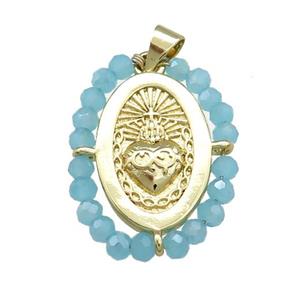 Sacred Heart Charms Copper Oval Pendant With Blue Crystal Glass Wire Wrapped Gold Plated, approx 20-25mm