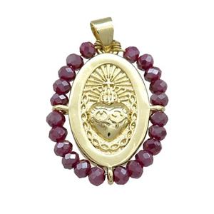 Sacred Heart Charms Copper Oval Pendant With Crystal Glass Wire Wrapped Gold Plated, approx 20-25mm