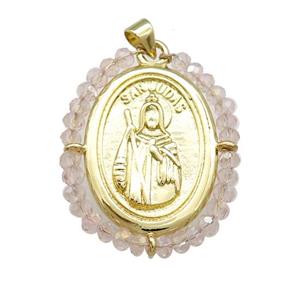 Saint Jude Charms Copper Medal Pendant With Crystal Glass Wire Wrapped Oval Gold Plated, approx 27-35mm