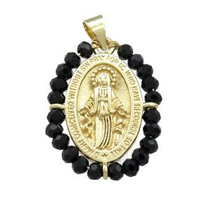 Virgin Mary Charms Copper Medal Pendant With Black Crystal Glass Wire Wrapped Oval Gold Plated, approx 20-25mm