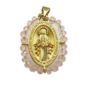 Virgin Mary Charms Copper Medal Pendant With Crystal Glass Wire Wrapped Oval Gold Plated, approx 20-25mm