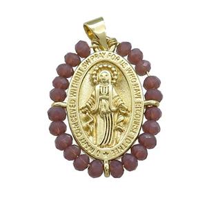 Virgin Mary Charms Copper Medal Pendant With Crystal Glass Wire Wrapped Oval Gold Plated, approx 20-25mm