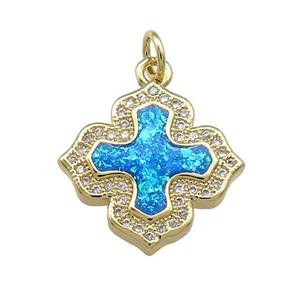 Copper Cross Pendant Pave Blue Fire Opal Zircon 18K Gold Plated, approx 18mm