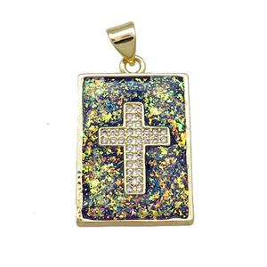 Copper Rectangle Pendant Pave Fire Opal Zircon Cross 18K Gold Plated, approx 16-21mm