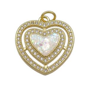 Copper Heart Pendant Pave White Fire Opal Zircon 18K Gold Plated, approx 18mm