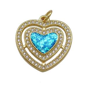 Copper Heart Pendant Pave Blue Fire Opal Zircon 18K Gold Plated, approx 18mm