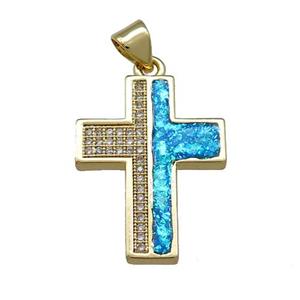 Copper Cross Pendant Pave Blue Fire Opal Zircon 18K Gold Plated, approx 17-22mm