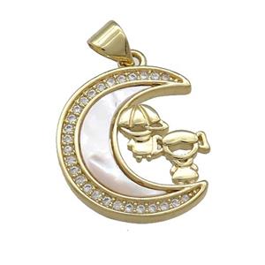 Copper Moon Pendant Pave Shell Zircon Kids 18K Gold Plated, approx 18-20mm