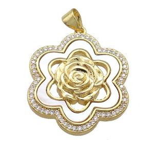 Copper Flower Pendant Pave Shell Zircon 18K Gold Plated, approx 25mm