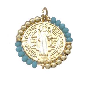 Jesus Charms Copper Circle Pendant With Green Crystal Glass Wrapped Gold Plated, approx 24mm