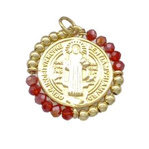 Jesus Charms Copper Circle Pendant With Red Crystal Glass Wrapped Gold Plated, approx 24mm