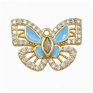 Copper Butterfly Pendant Pave Zircoina Blue Enamel Gold Plated, approx 18-25mm