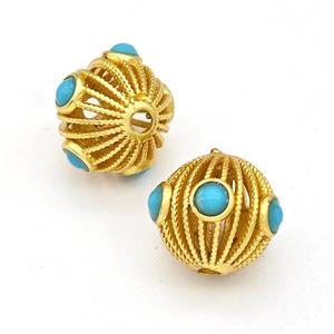 Copper Round Beads Pave Blue Jade Hollow Gold Plated, approx 10mm