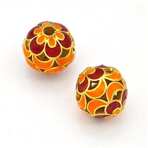 Copper Round Beads Orange Red Painted Hollow Gold Plated, approx 10mm