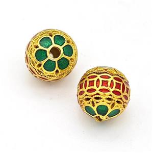 Copper Round Beads Multicolor Painted Hollow Gold Plated, approx 10mm