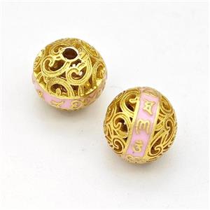 Copper Round Beads Pink Painted Buddhist Hollow Gold Plated, approx 10mm