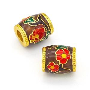 Copper Barrel Beads Multicolor Painted Flower Large Hole Gold Plated, approx 10-11mm, 4mm hole