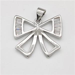 Copper Bow Pendant Pave Zirconia Platinum Plated, approx 20-21mm