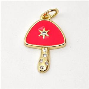 Copper Mushroom Pendant Pave Zirconia Red Enamel Star Gold Plated, approx 12-16mm