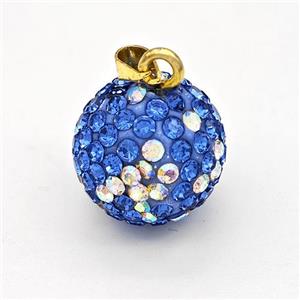 Clay Round Beads Micro Pave Blue Rhinestone, approx 16mm
