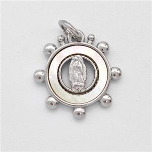 Virgin Mary Charms Copper Circle Pendant Pave Shell Platinum Plated, approx 15mm