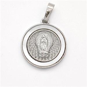 Virgin Mary Charms Copper Pendant Pave Shell Platinum Plated, approx 16mm