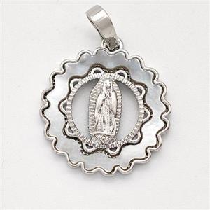 Virgin Mary Charms Copper Pendant Pave Shell Platinum Plated, approx 18mm