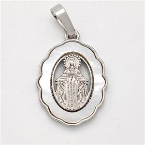 Virgin Mary Charms Copper Pendant Pave Shell Platinum Plated, approx 14-17mm