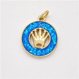 Copper Crown Pendant Pave Blue Fire Opal Circle 18K Gold Plated, approx 14mm