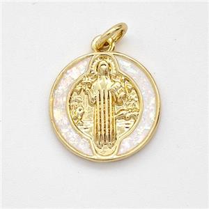 Jesus Charms Copper Pendant Pave White Fire Opal 18K Gold Plated, approx 15mm