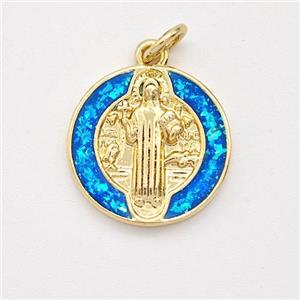 Jesus Charms Copper Pendant Pave Blue Fire Opal 18K Gold Plated, approx 15mm