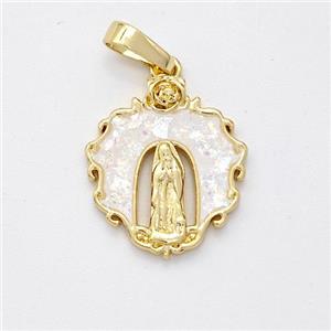 Jesus Charms Copper Pendant Pave White Fire Opal 18K Gold Plated, approx 15mm