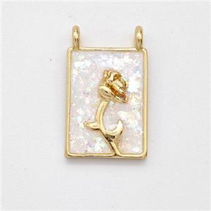 Copper Flower Pendant Pave White Fire Opal Rectangle 2loops 18K Gold Plated, approx 11-15mm