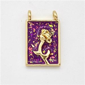 Copper Flower Pendant Pave Purple Fire Opal Rectangle 2loops 18K Gold Plated, approx 11-15mm