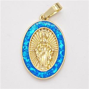 Virgin Mary Charms Copper Pendant Pave Blue Fire Opal 18K Gold Plated, approx 14-19mm