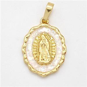 Virgin Mary Charms Copper Pendant Pave White Fire Opal 18K Gold Plated, approx 15.5-19mm