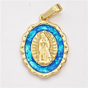 Virgin Mary Charms Copper Pendant Pave Blue Fire Opal 18K Gold Plated, approx 15.5-19mm