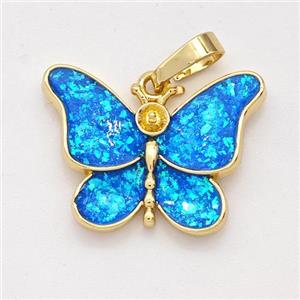 Copper Butterfly Pendant Pave Blue Fire Opal 18K Gold Plated, approx 15-20mm