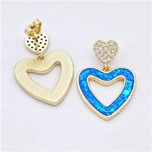 Copper Heart Stud Earrings Pave Blue Fire Opal Zirconia 18K Gold Plated, approx 8mm, 18mm