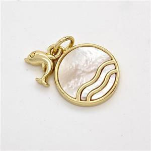 Copper Sun Pendant Pave Shell Dolphin 18K Gold Plated, approx 6-8mm, 13mm