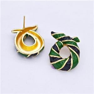 Copper Stud Earrings Awareness Ribbons Green Enamel Gold Plated, approx 20-23mm