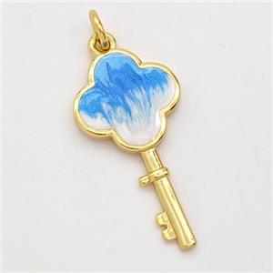 Copper Key Pendant Blue Painted 18K Gold Plated, approx 13-25mm